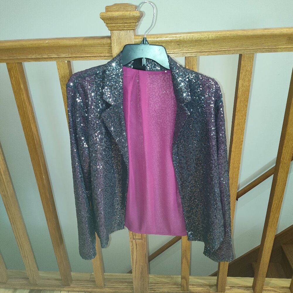 Bobeau Women's Grey Sequin Lightweight Blazer with Pink Accent Lining Size Large